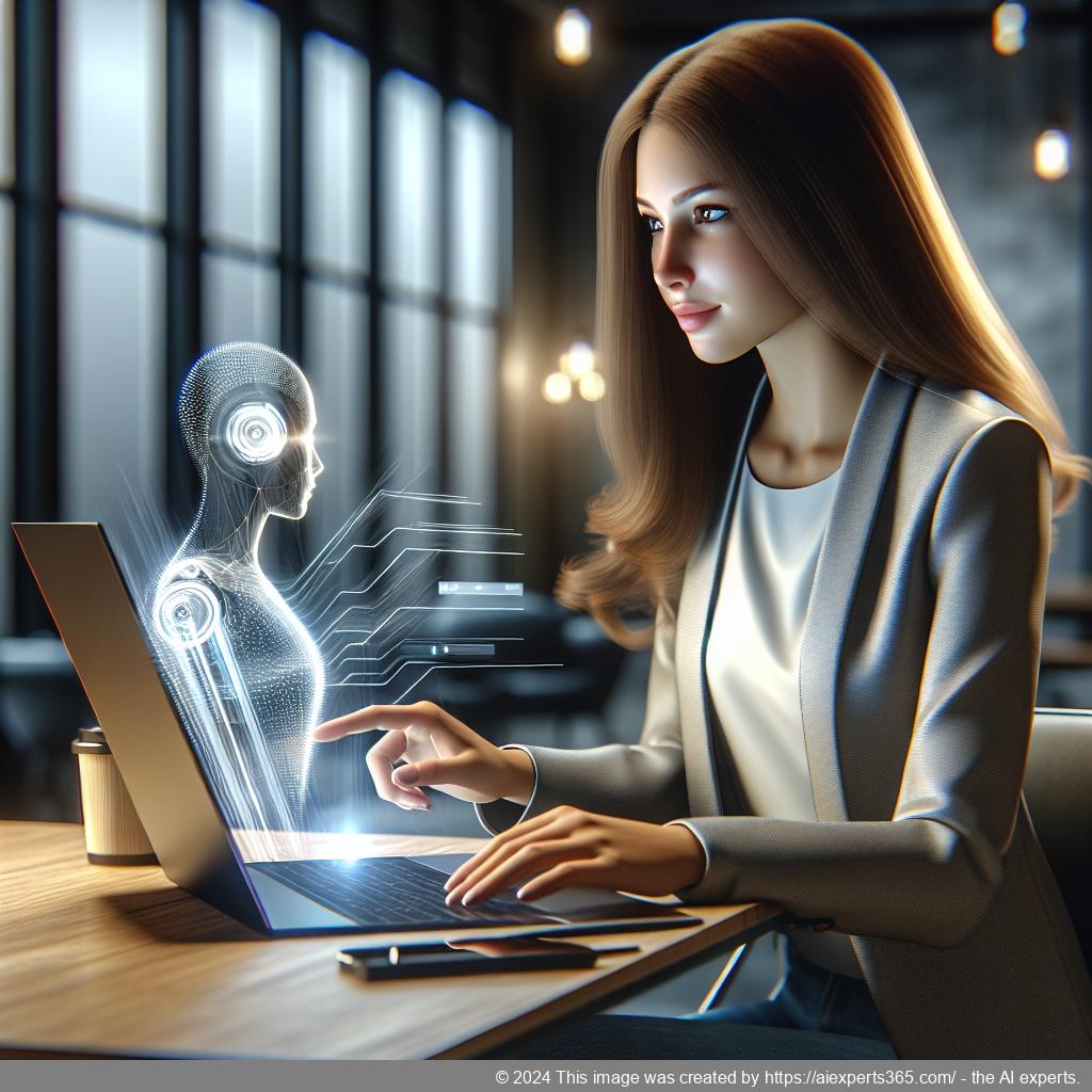 A professional setting showcasing a person interacting with a WordPress ChatGPT chatbot on a laptop, emphasizing enhanced customer engagement.