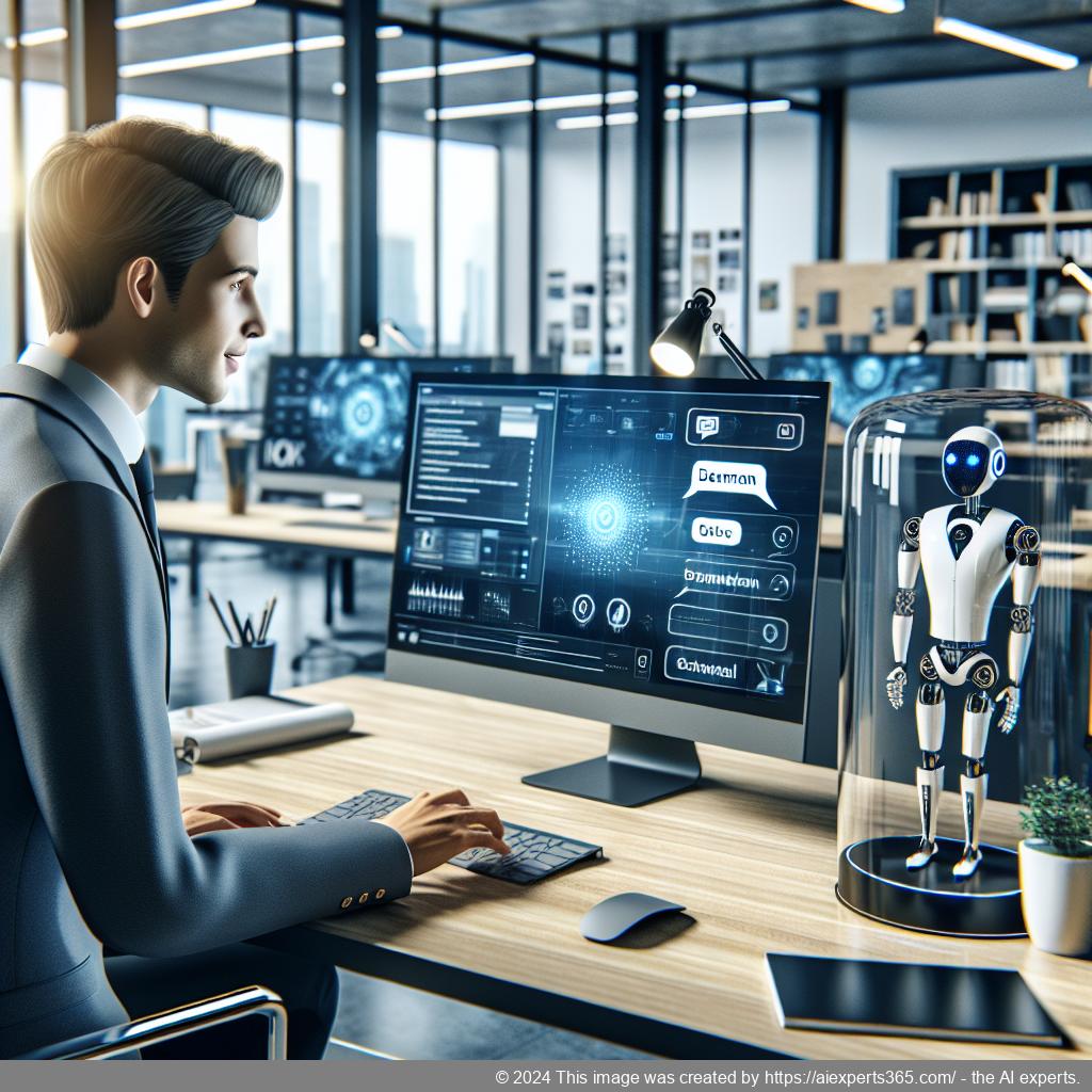 A visual representation of a professional setting where a German-speaking individual interacts with an AI-powered chatbot on a computer screen.