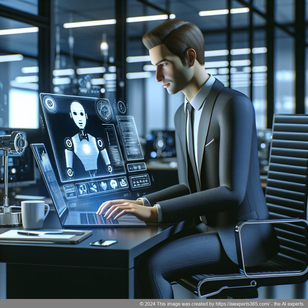 A visual representation of a professional German or Western European individual interacting with a chatbot interface on a computer screen, symbolizing enhanced customer support through technology.