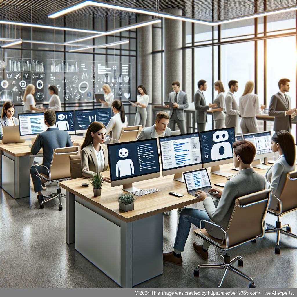 A professional setting showcasing a diverse team using technology tools including a laptop displaying the WordPress ChatGPT chatbot interface.