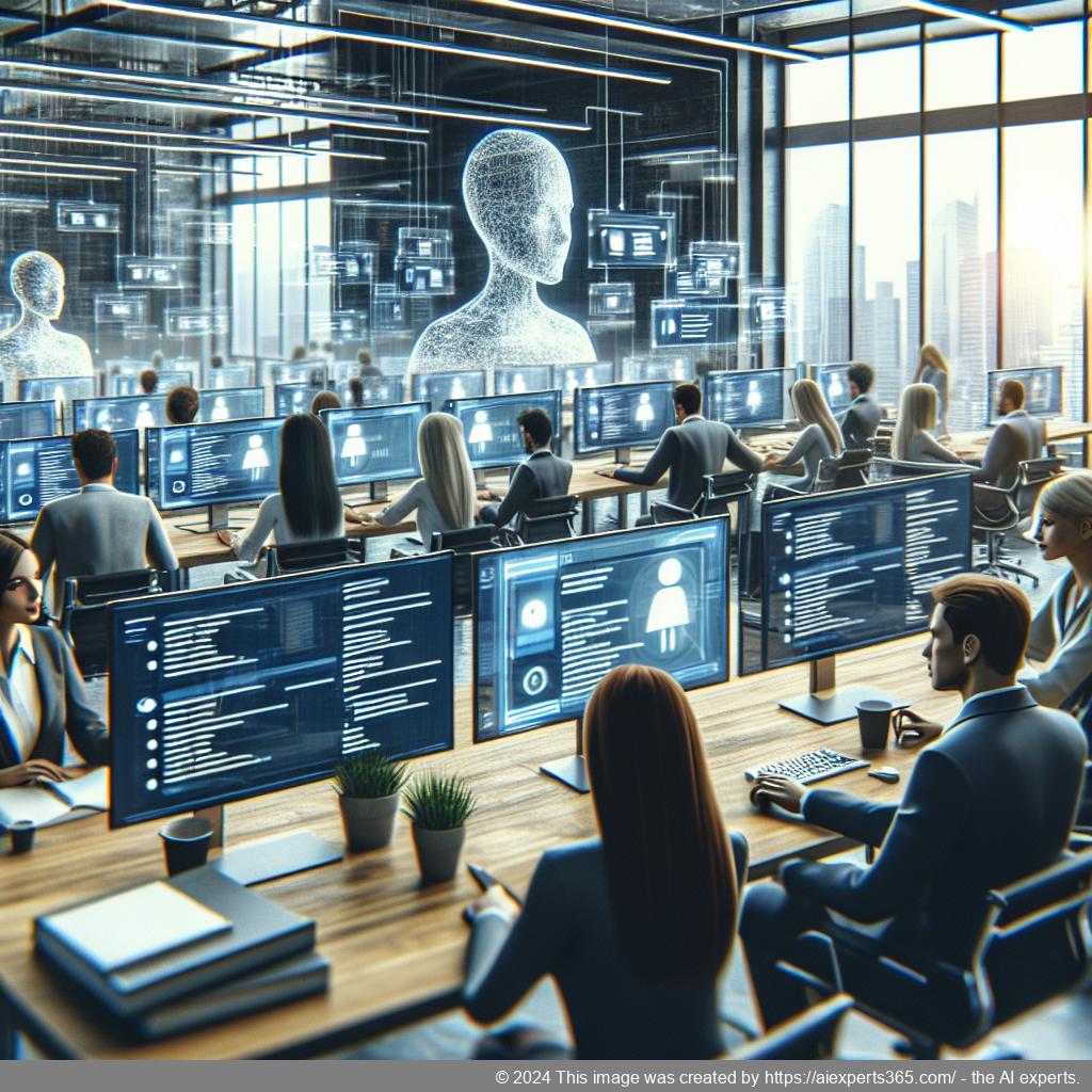 A professional setting showcasing diverse employees collaborating around a computer screen displaying a multi-department chatbot interface.