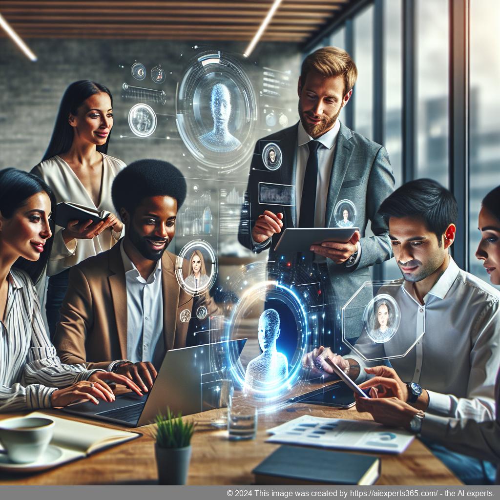 A professional setting showcasing diverse employees engaging with a multi-department chatbot interface on their devices, illustrating enhanced workplace communication.