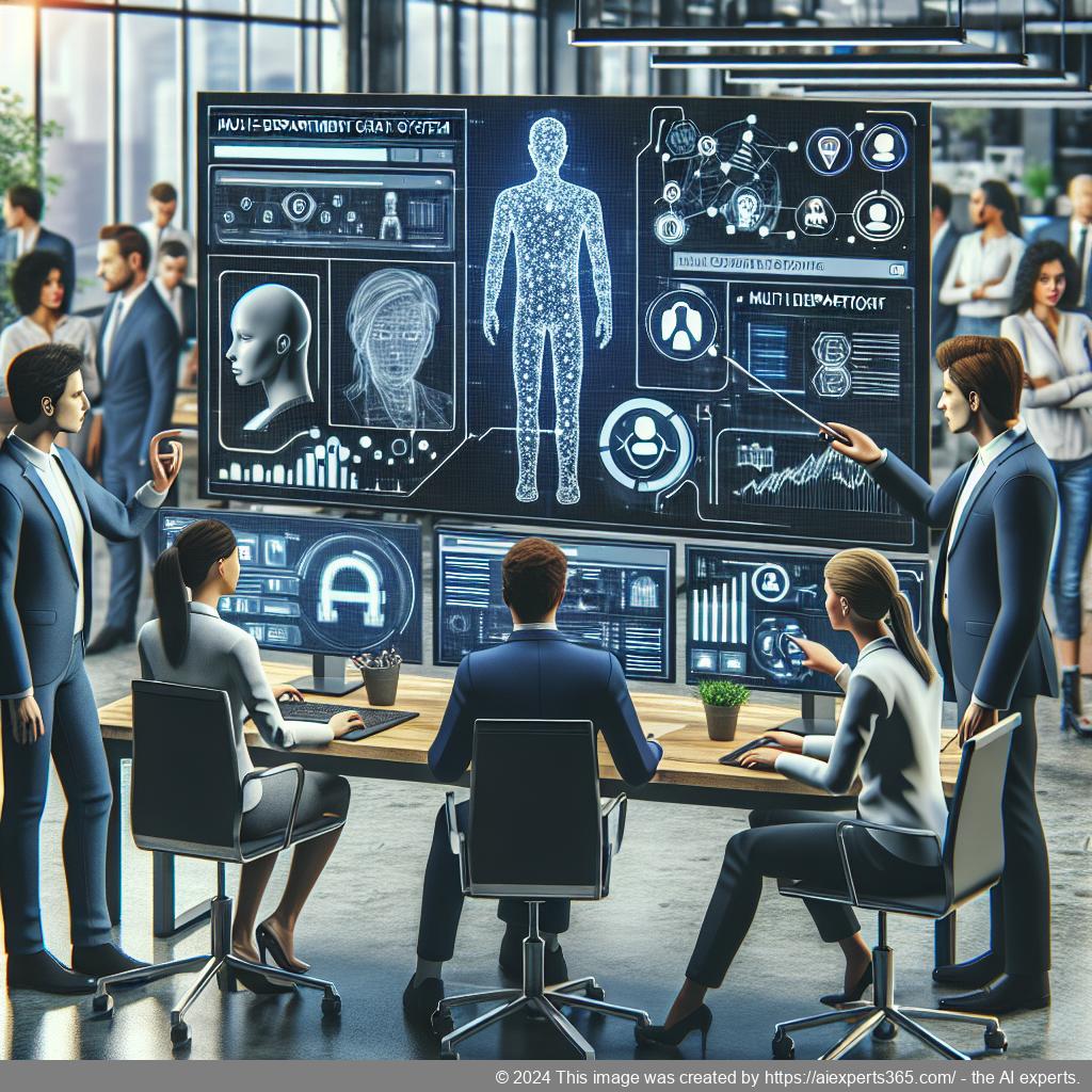 A professional team discussing strategies around a computer screen displaying a multi-department chatbot interface.