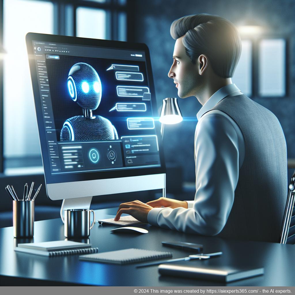 A professional setting showcasing a person interacting with a computer displaying the WordPress ChatGPT chatbot interface, symbolizing enhanced customer support.