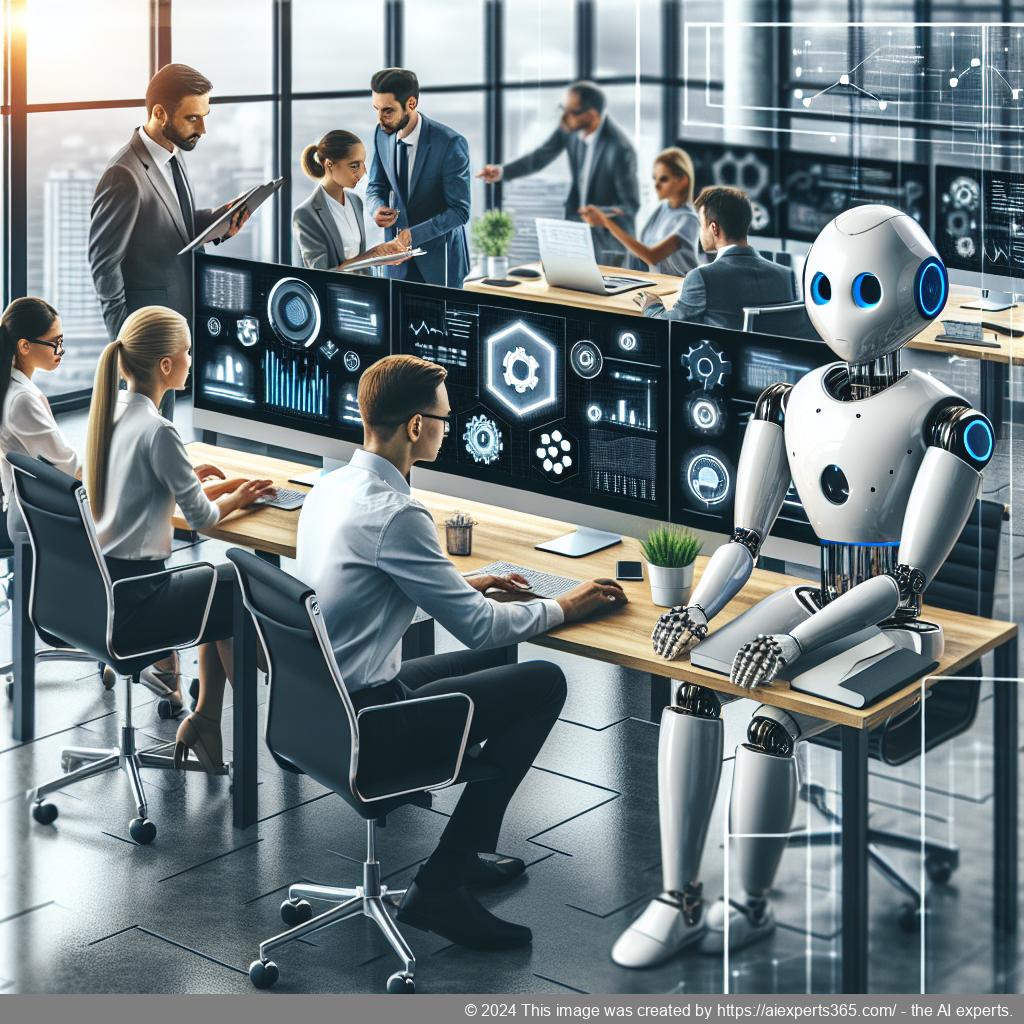 A professional setting showcasing diverse employees collaborating over technology with a focus on enhancing customer engagement through AI-driven solutions like multi-department chatbots.