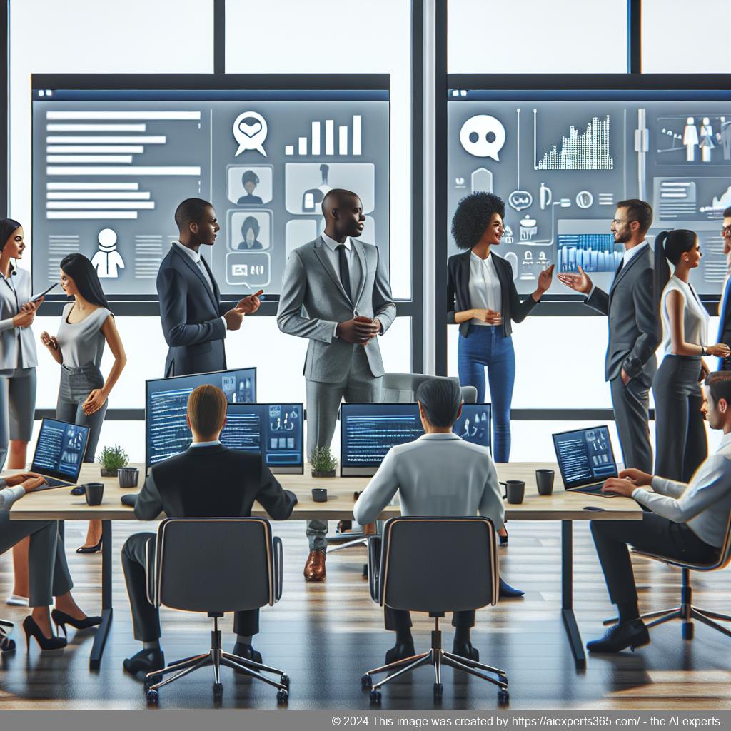 A visual representation of a modern office environment featuring diverse professionals collaborating over technology related to multi-department chatbots.