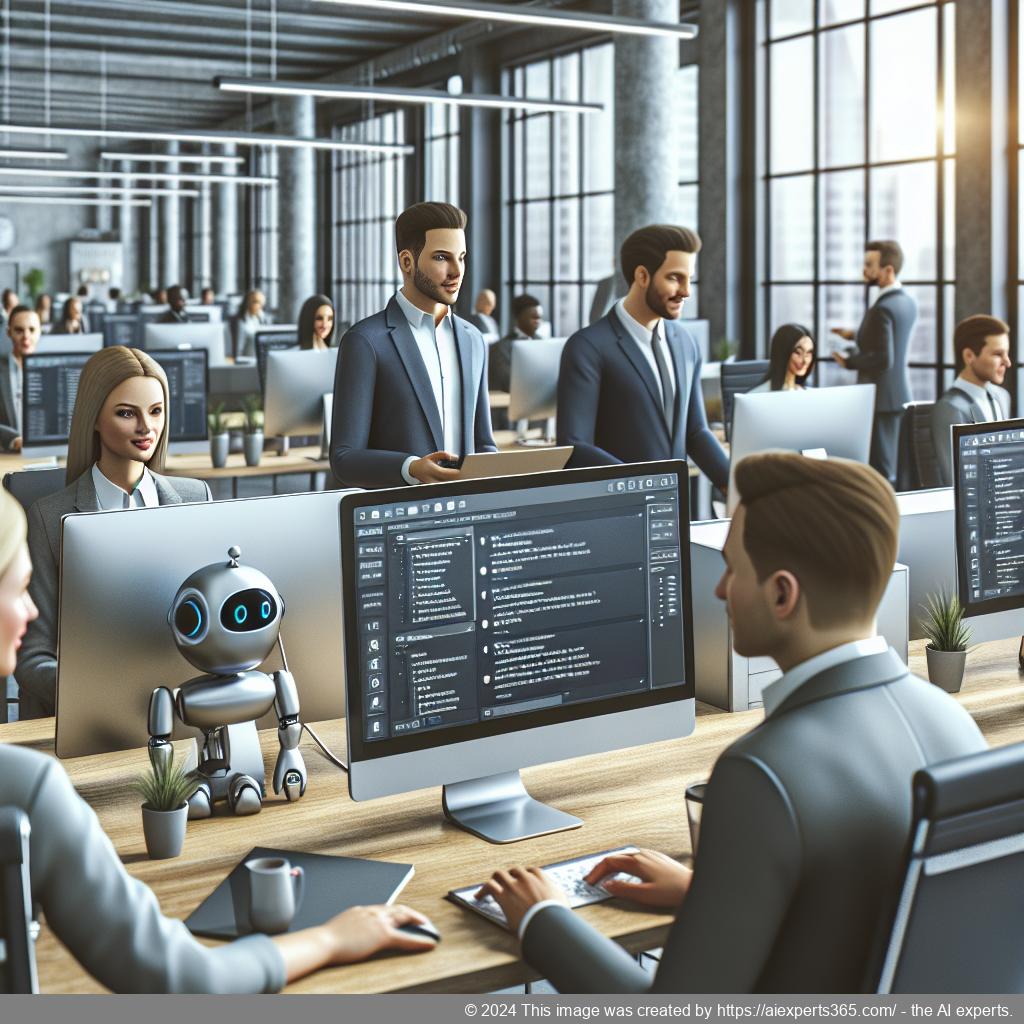A visual representation of a modern office environment showcasing diverse professionals collaborating using advanced technology tools like chatbots for enhanced customer support.