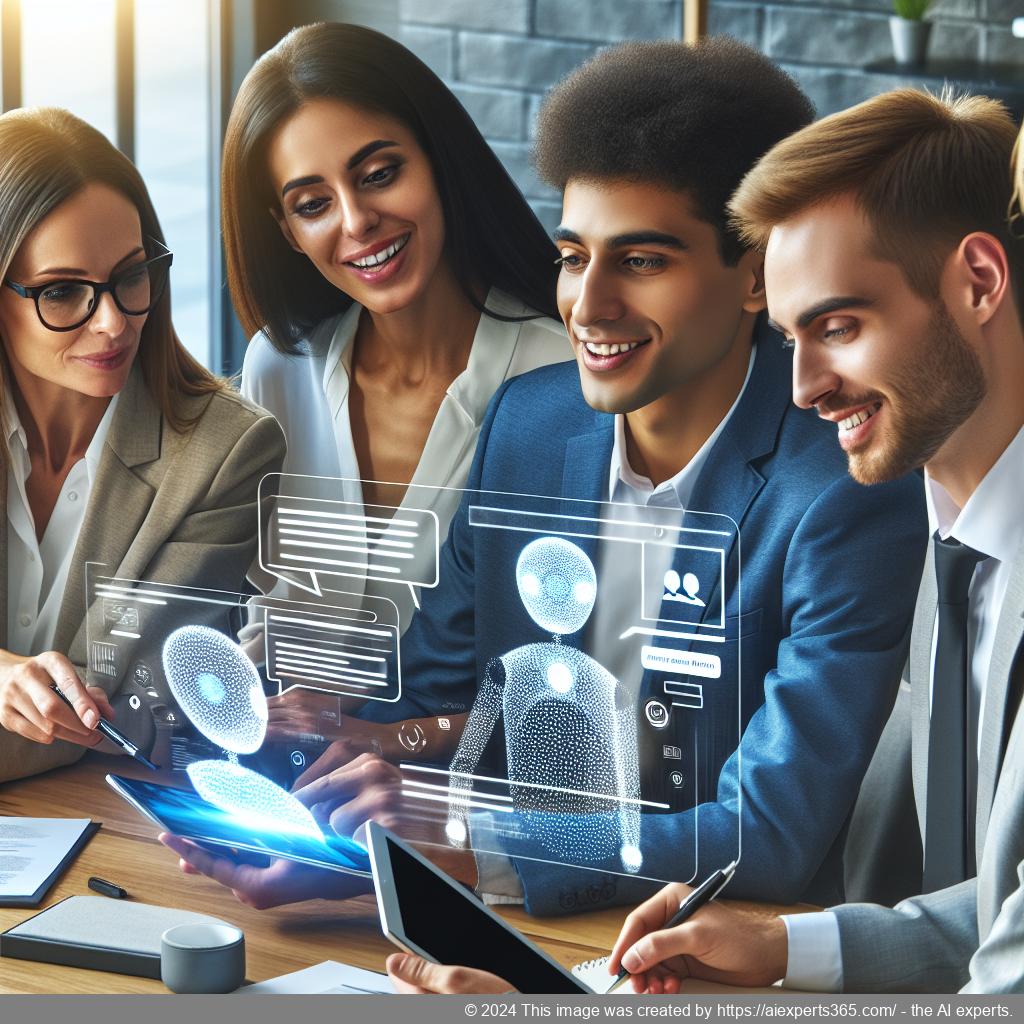 A visual representation illustrating effective teamwork facilitated by a multi-department chatbot in an office setting.