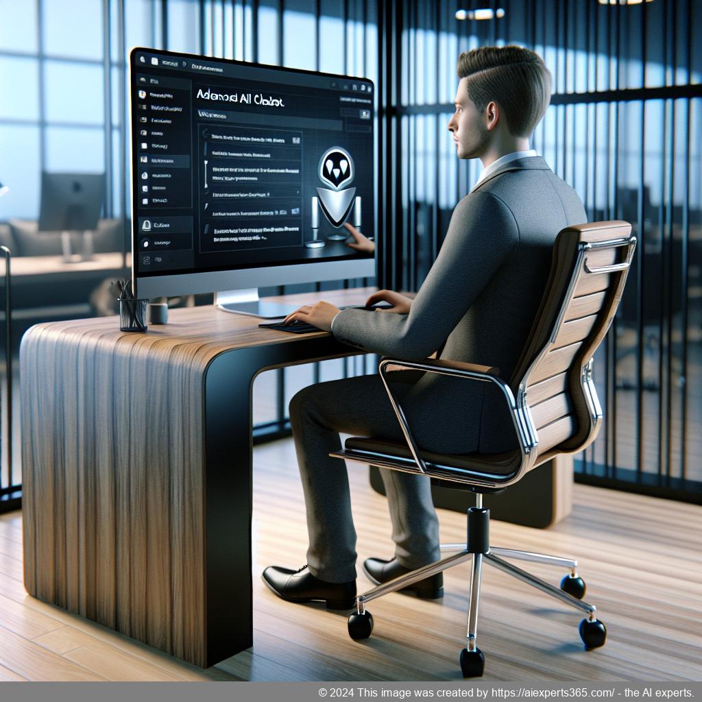 A professional-looking German or Western European individual interacting with a computer displaying a chat interface representing a WordPress chatbot.