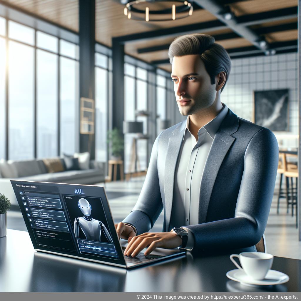 A visually engaging representation of a business professional interacting with an advanced AI-driven chatbot on a laptop screen, symbolizing enhanced customer engagement through technology.