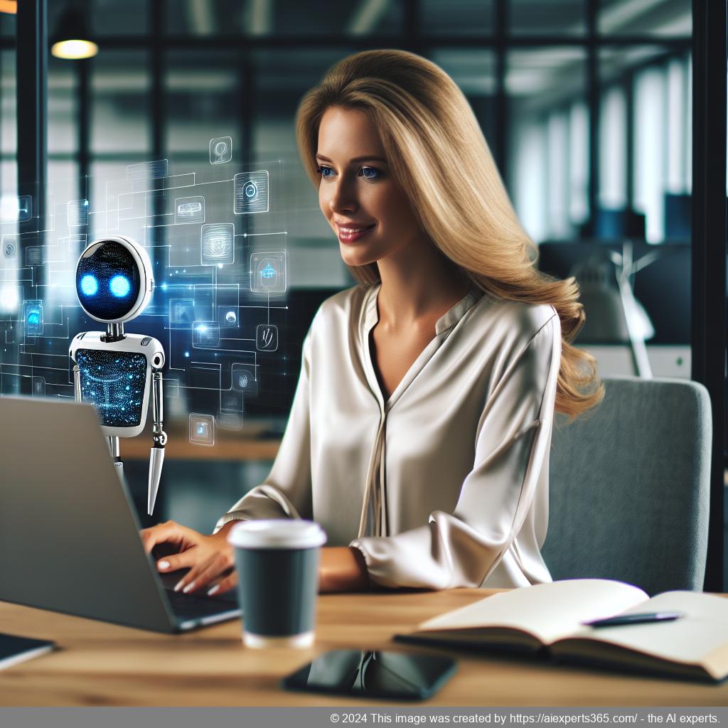 A professional looking German woman interacting with an AI-powered chatbot interface on a laptop screen.