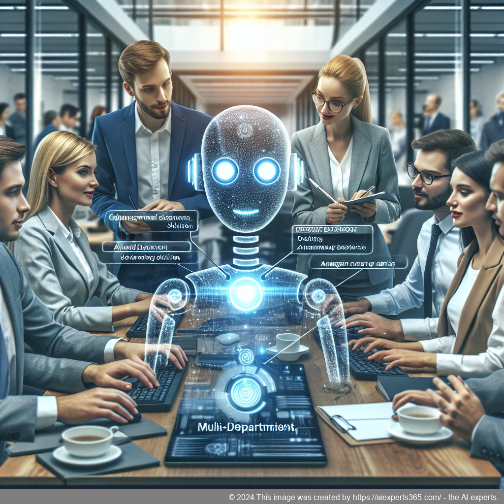 A professional team collaborating over a digital interface showcasing a multi-department chatbot solution enhancing customer service.