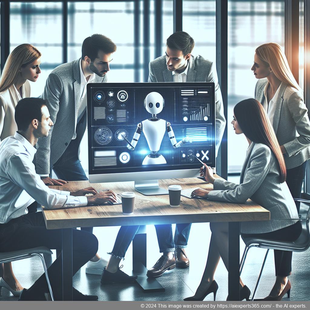 An illustration showing a diverse team collaborating around a computer screen displaying a multi-department chatbot interface.