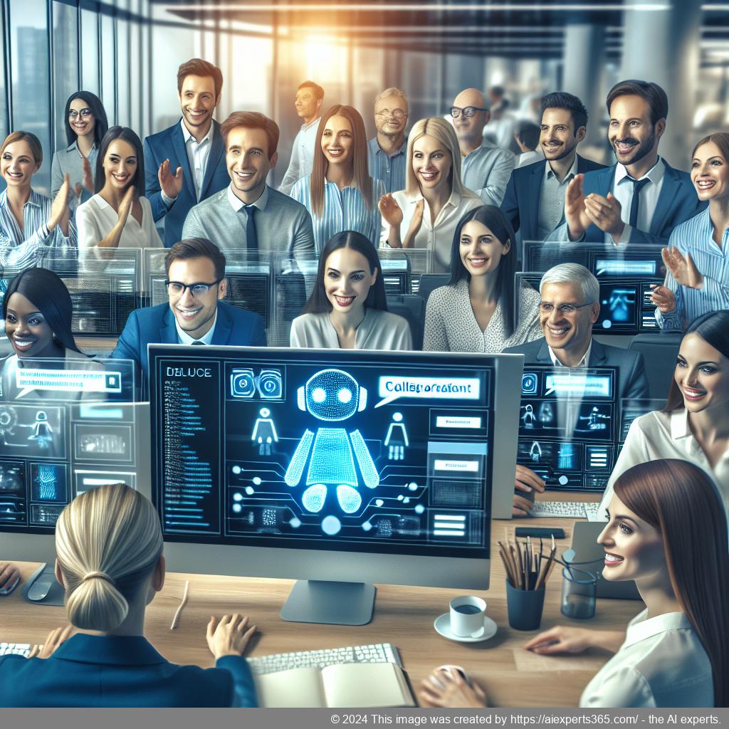 A professional setting showcasing diverse team members collaborating with an AI-driven multi-department chatbot interface.