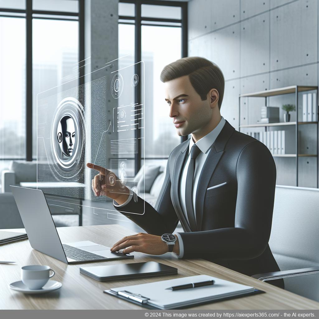 A professional setting showcasing a person interacting with an AI-driven chatbot interface on a laptop screen.