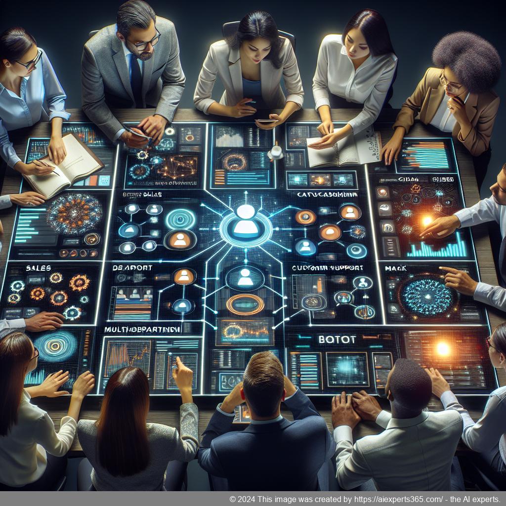 A visual representation of a multi-department chatbot facilitating communication across various teams in an organization.