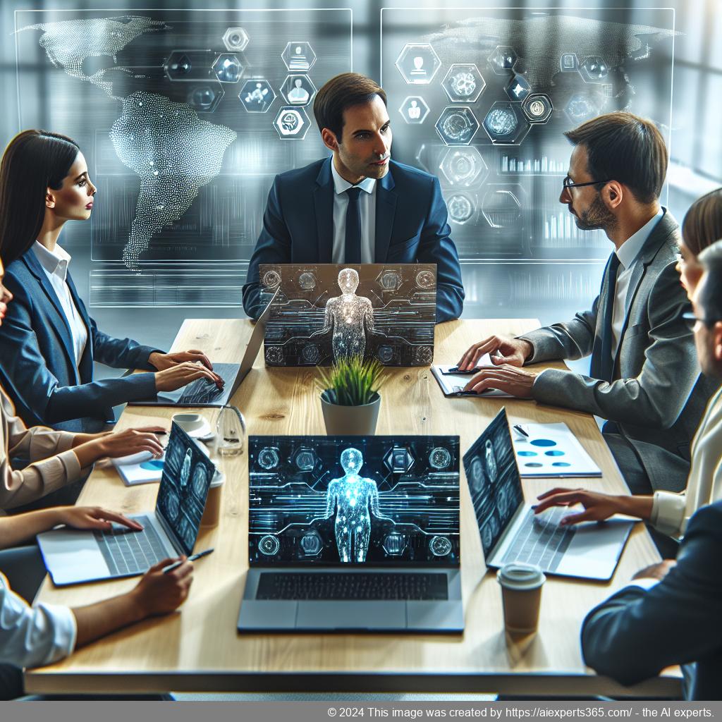 A professional team discussing strategies around a computer screen displaying data analytics related to multi-department chatbots.