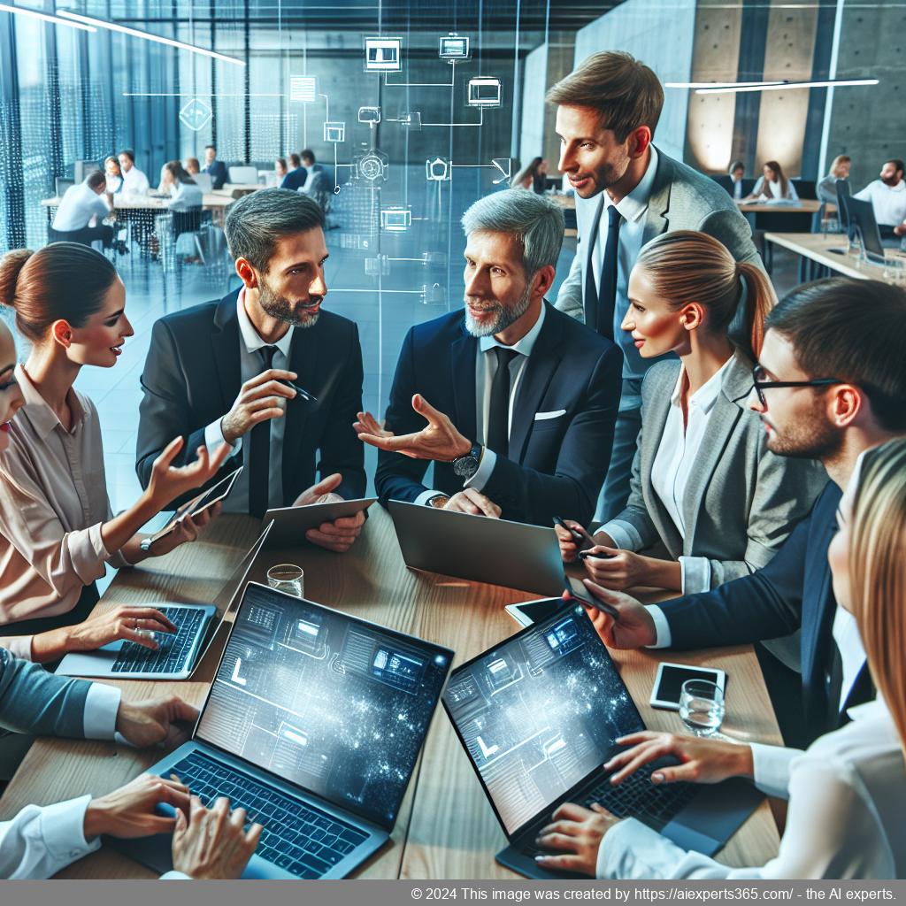 A visual representation of a team collaborating on a multi-department chatbot strategy, showcasing diverse professionals engaging in discussion around technology.