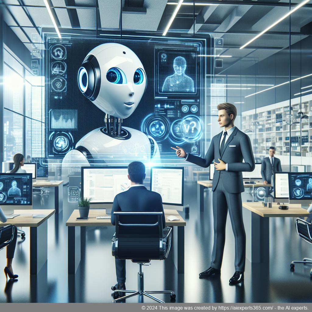 A professional setting showcasing a diverse team collaborating with an AI-driven multi-department chatbot to enhance workflow efficiency.