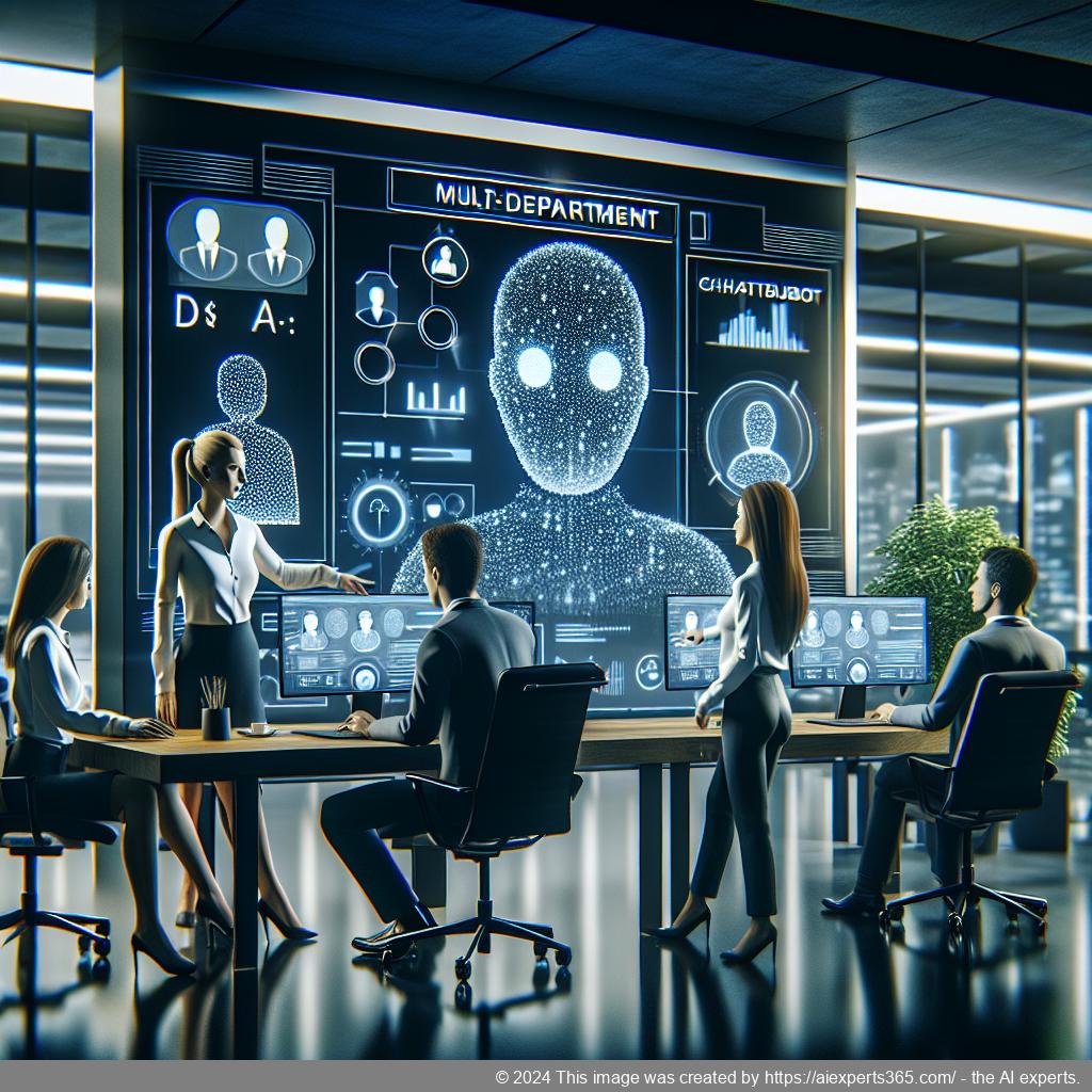 A visual representation showcasing a diverse team collaborating around a computer screen displaying a multi-department chatbot interface aimed at enhancing user experiences.