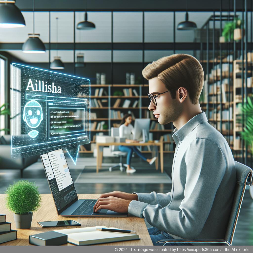 A modern workspace featuring a laptop displaying Ailisha's AI Chatbot interface on a website page.