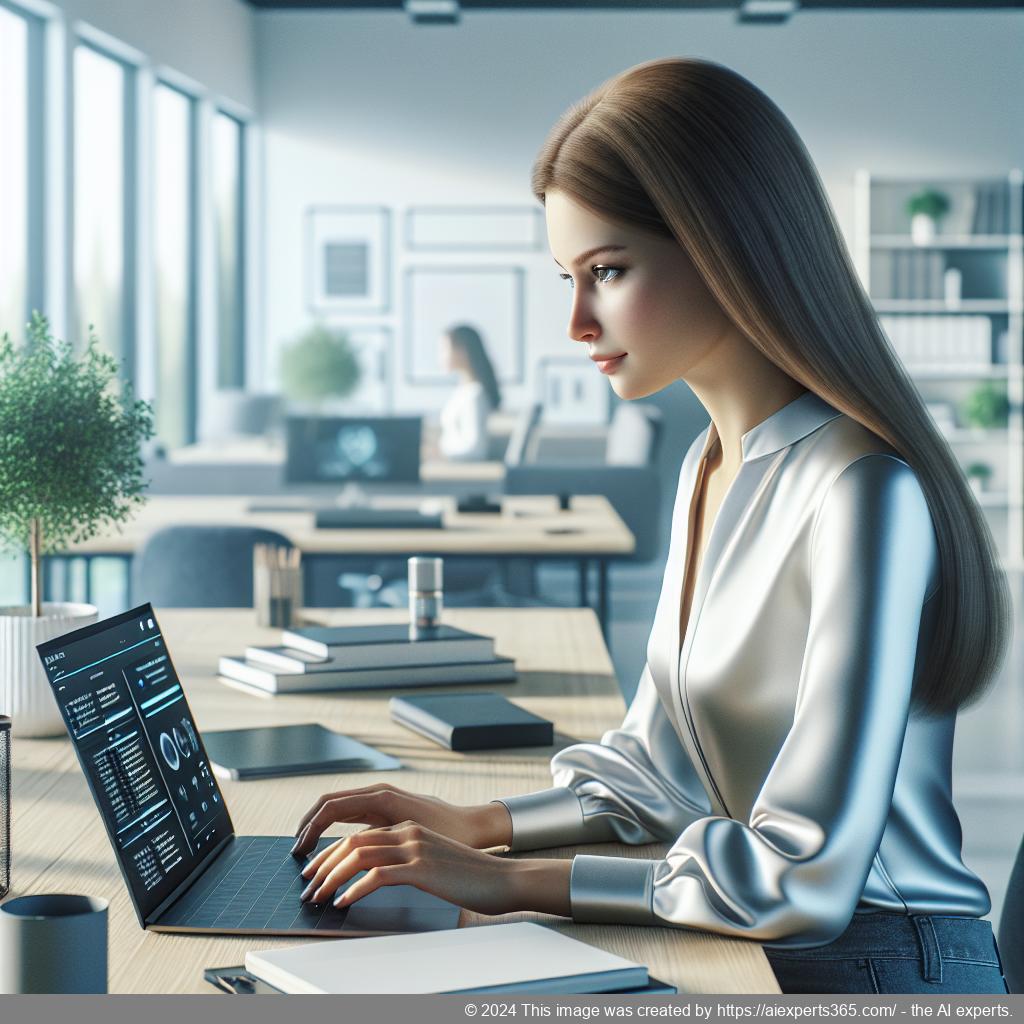 A professional-looking woman interacting with an advanced WordPress AI chatbot on her laptop screen.