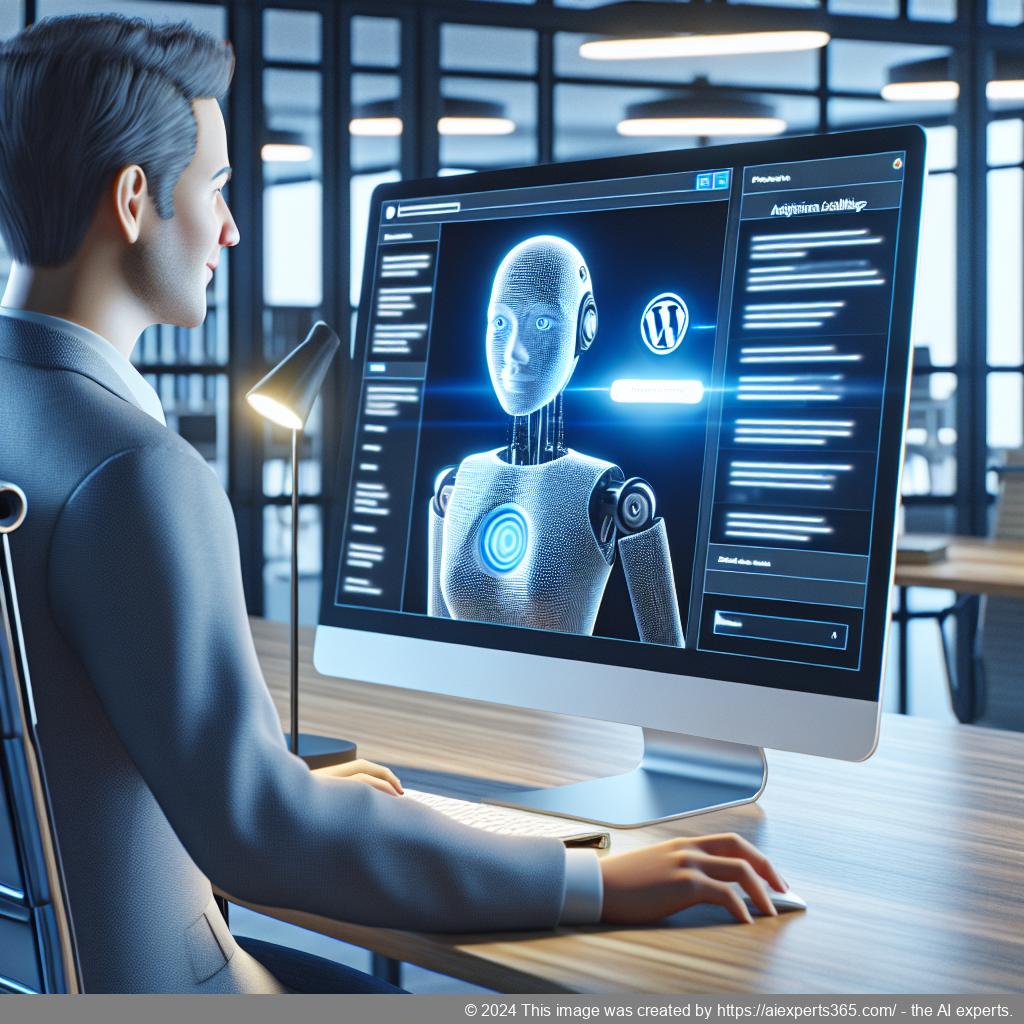 A professional setting showcasing a friendly German-speaking individual interacting with an advanced WordPress AI chatbot interface on a laptop.