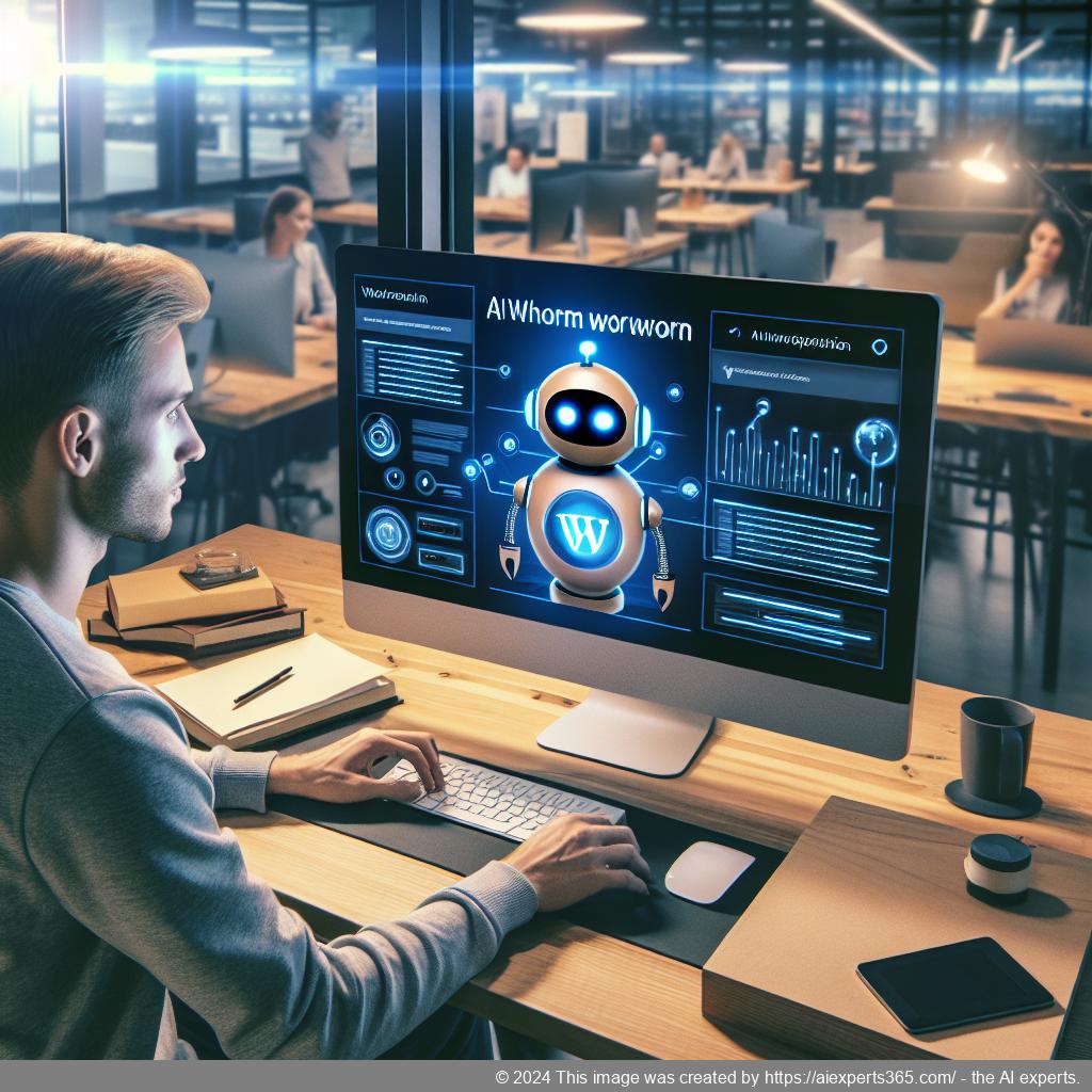 A visual representation of a professional setting where a person interacts with a computer displaying an AI chatbot interface for a WordPress website.