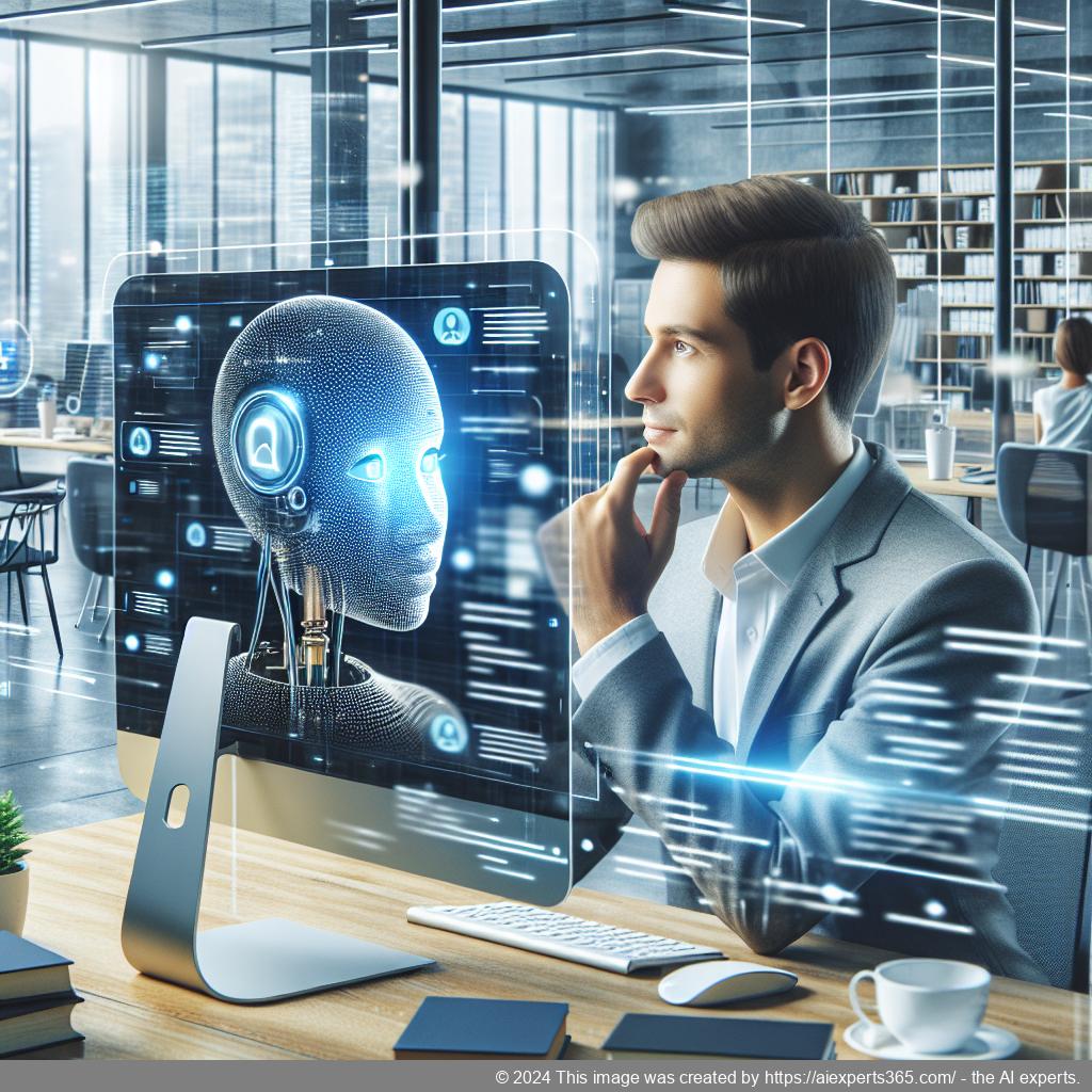 A visual representation of a professional setting where a German-speaking individual interacts with an AI-driven chatbot on a computer screen.