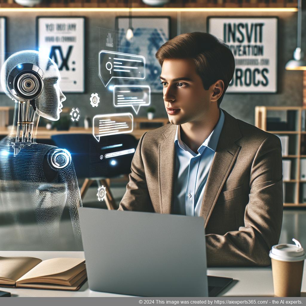 A visual representation of a professional-looking person interacting with a computer screen displaying a WordPress site featuring an AI chatbot interface.