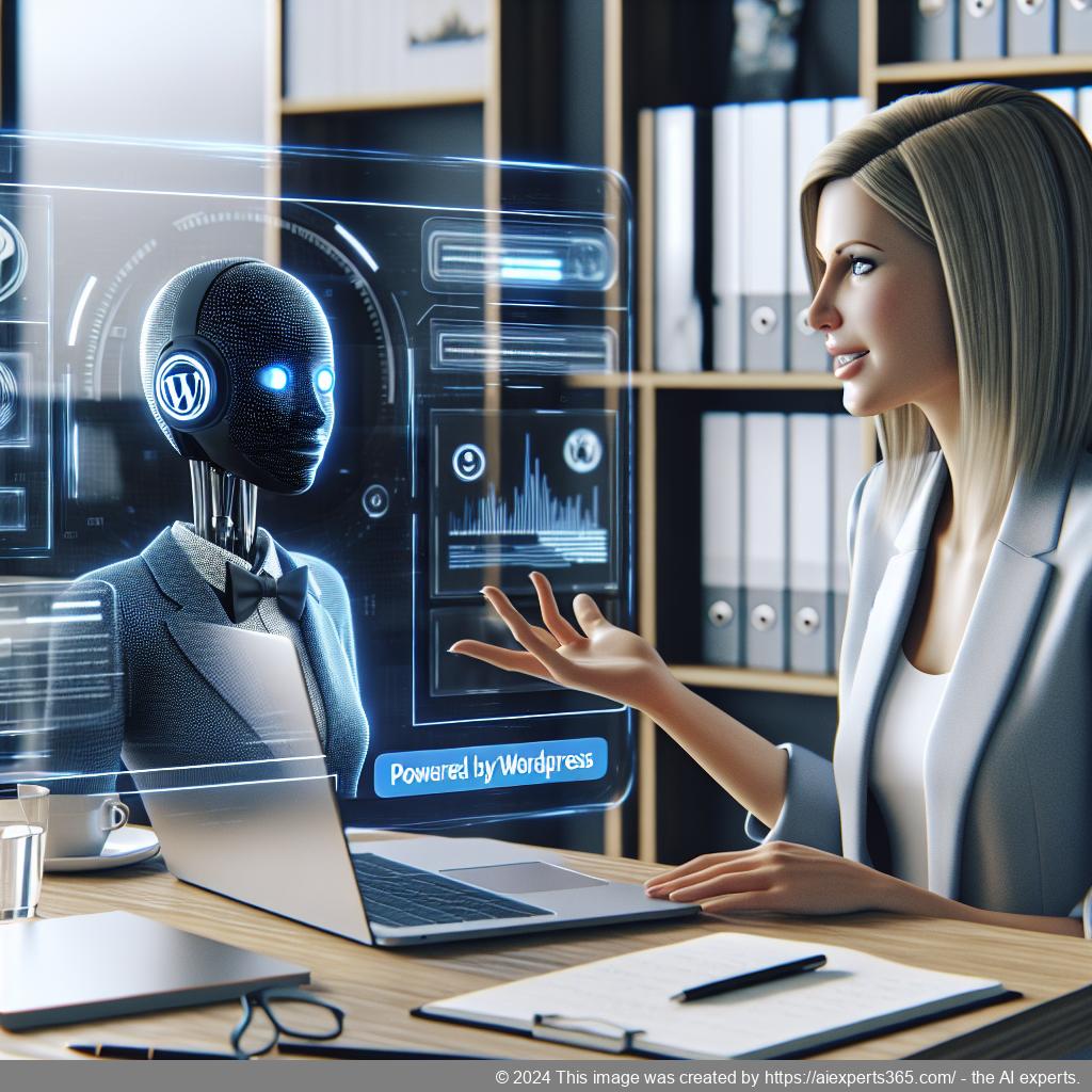 A professional setting showcasing a person interacting with an AI-driven WordPress chatbot on their laptop while discussing enhanced customer engagement strategies.