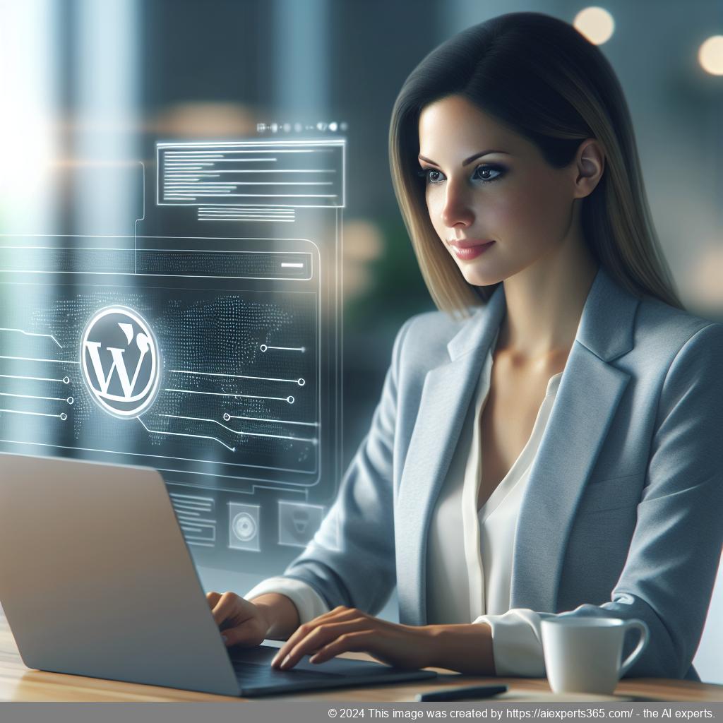 A professional-looking German woman interacting with an AI-powered WordPress chatbot on her laptop screen.