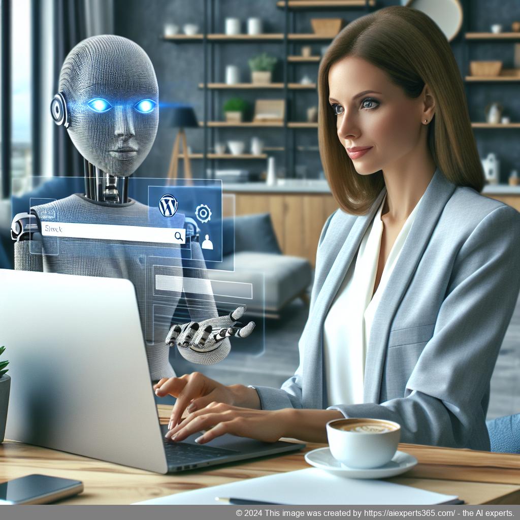 A professional-looking woman engaging with an AI-powered WordPress chatbot on her laptop while shopping online.