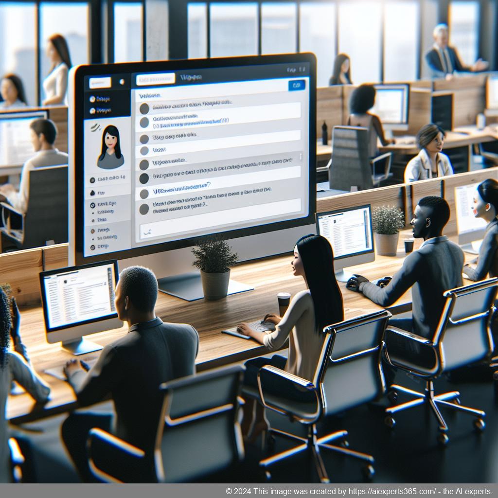 A modern workspace featuring a computer screen displaying an interactive WordPress chatbot interface assisting customers online.