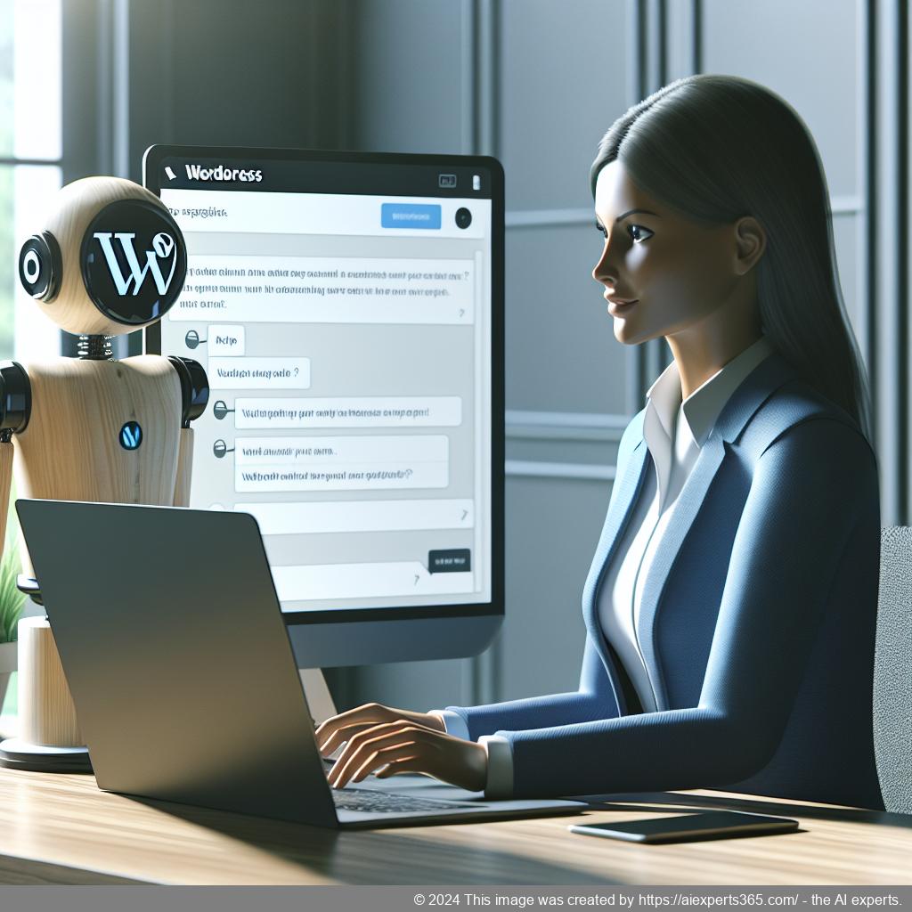 A professional-looking woman interacting with a WordPress chatbot interface on her laptop while sitting at an office desk.