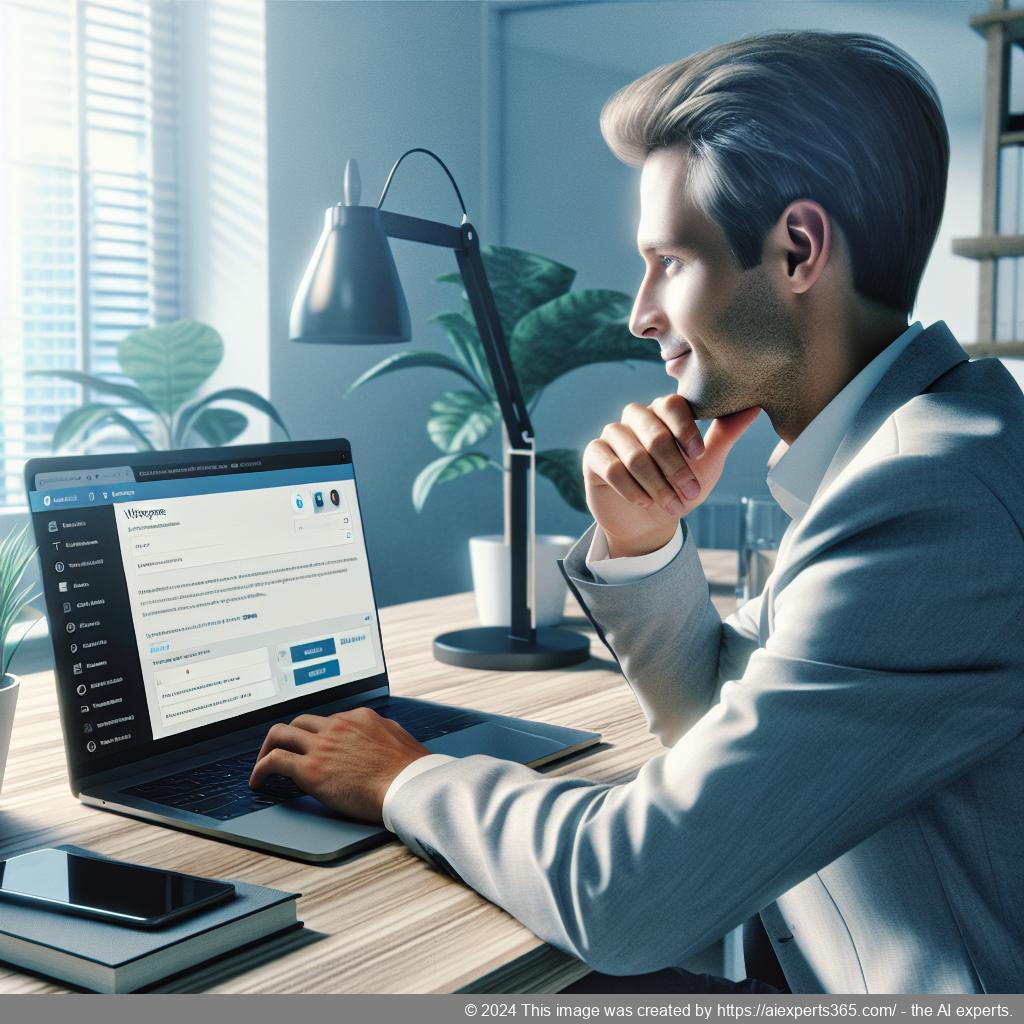 A professional setting showing a person interacting with a WordPress chatbot on their laptop, illustrating enhanced customer support.