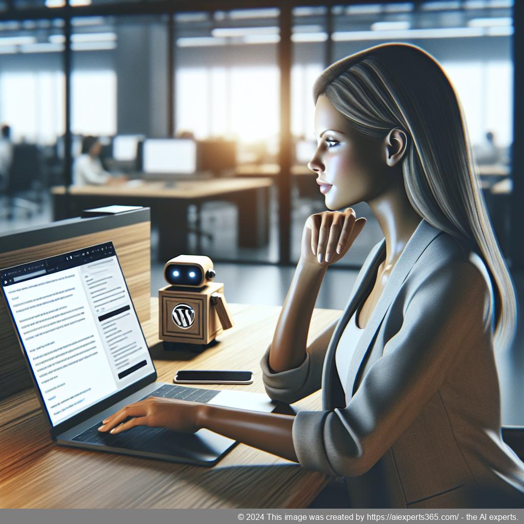 A professional-looking woman interacting with an AI-driven WordPress chatbot on her laptop, showcasing modern digital communication.