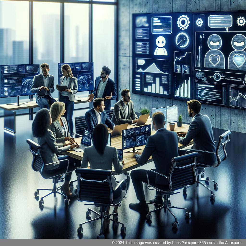 A professional setting showcasing a diverse team discussing strategies related to implementing chatbots in their business operations.