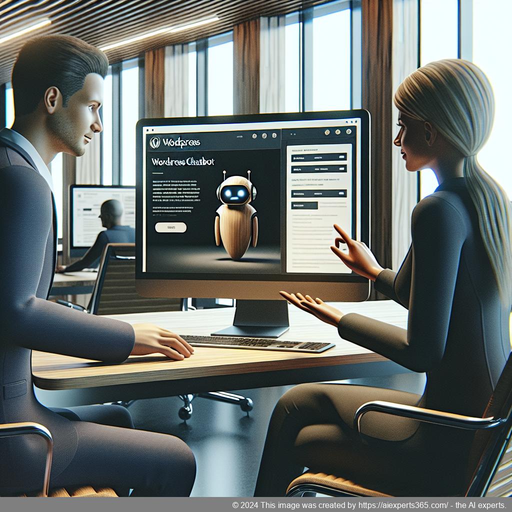 A professional setting showcasing an engaging interaction between users and a WordPress chatbot interface on a computer screen.