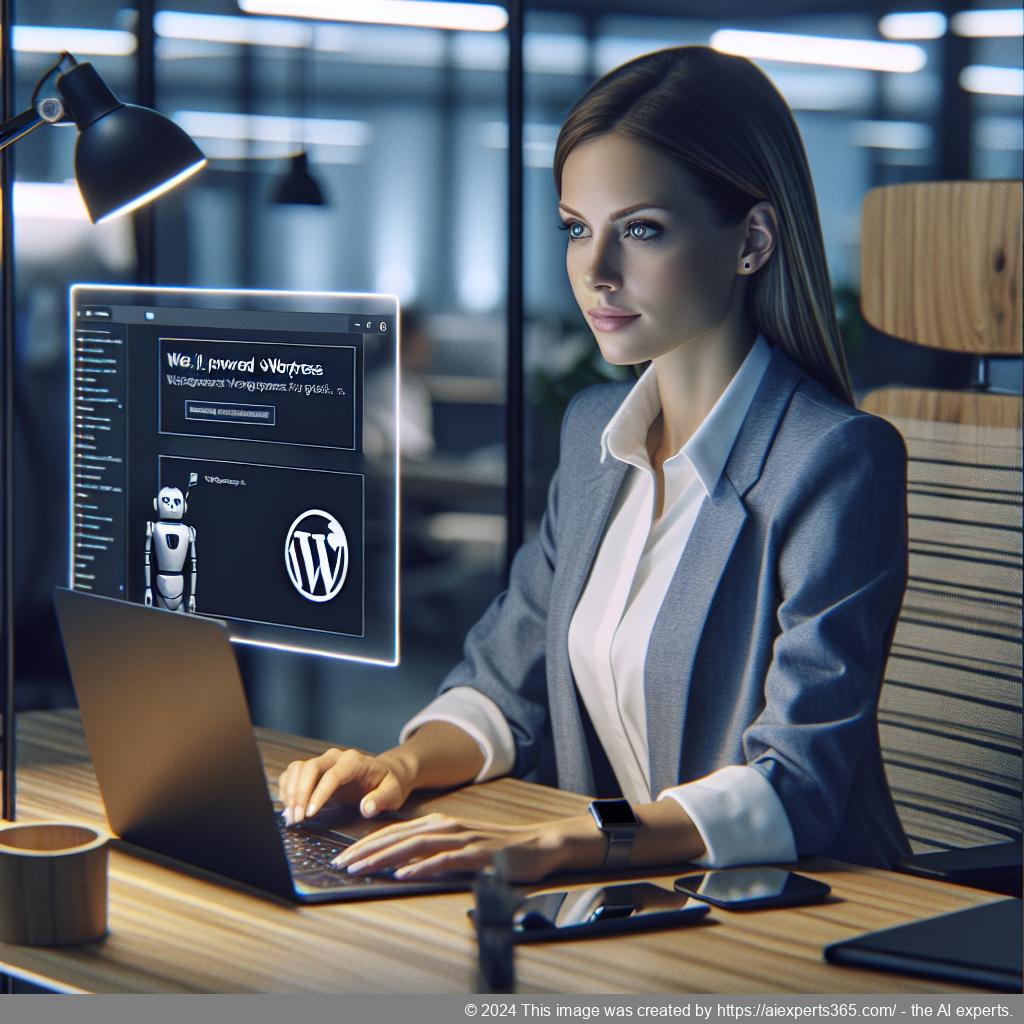 A professional looking woman interacting with an AI-powered WordPress Chatbot on her laptop at work.