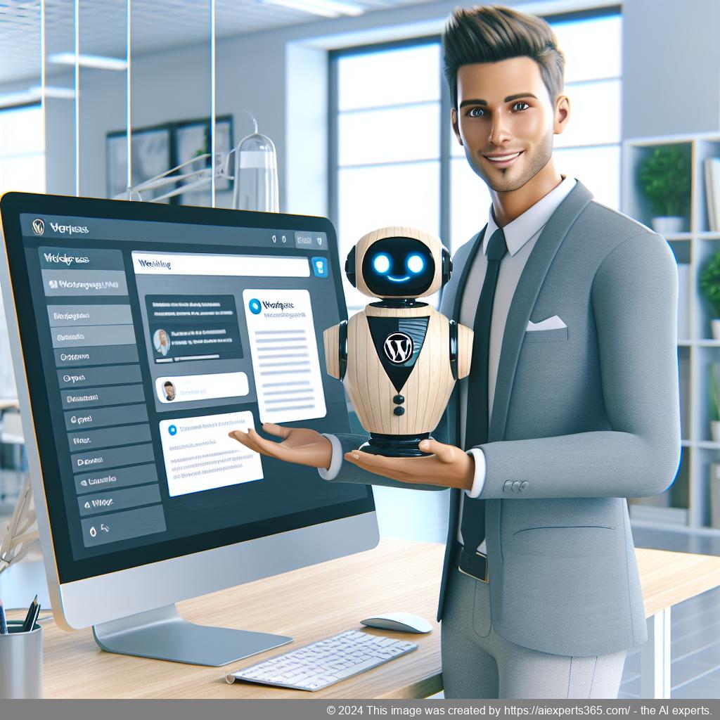 A visual representation of an advanced WordPress chatbot interacting with users on a website interface, showcasing its features like customization and real-time responses.