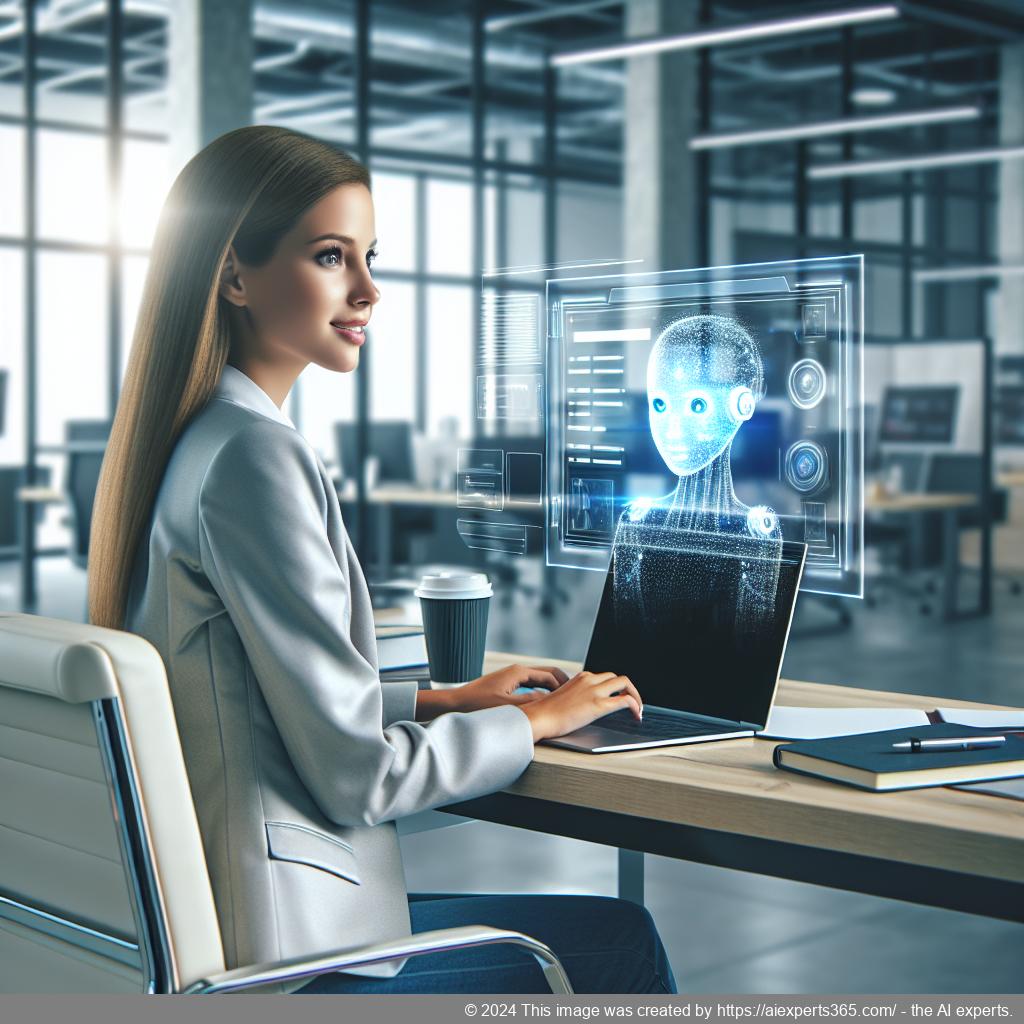 A professional-looking woman interacting with a friendly AI-driven WordPress chatbot interface on her laptop.