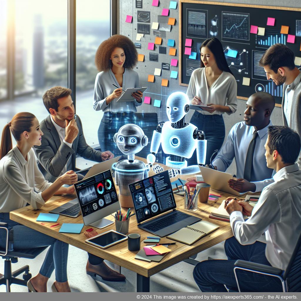 A professional setting showcasing a diverse team discussing strategies around implementing a WordPress chatbot for enhanced customer engagement.