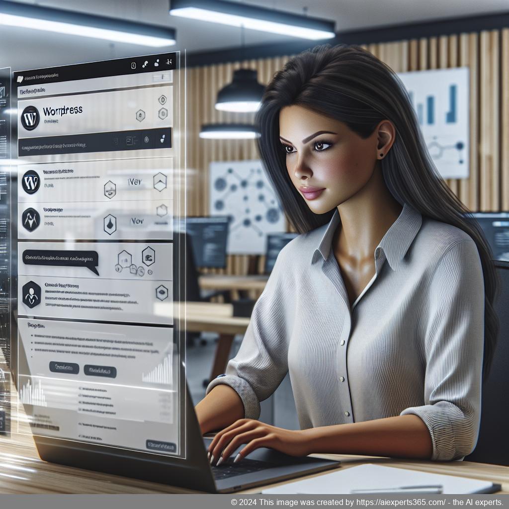A professional setting showcasing a person interacting with an advanced WordPress chatbot interface on their laptop.
