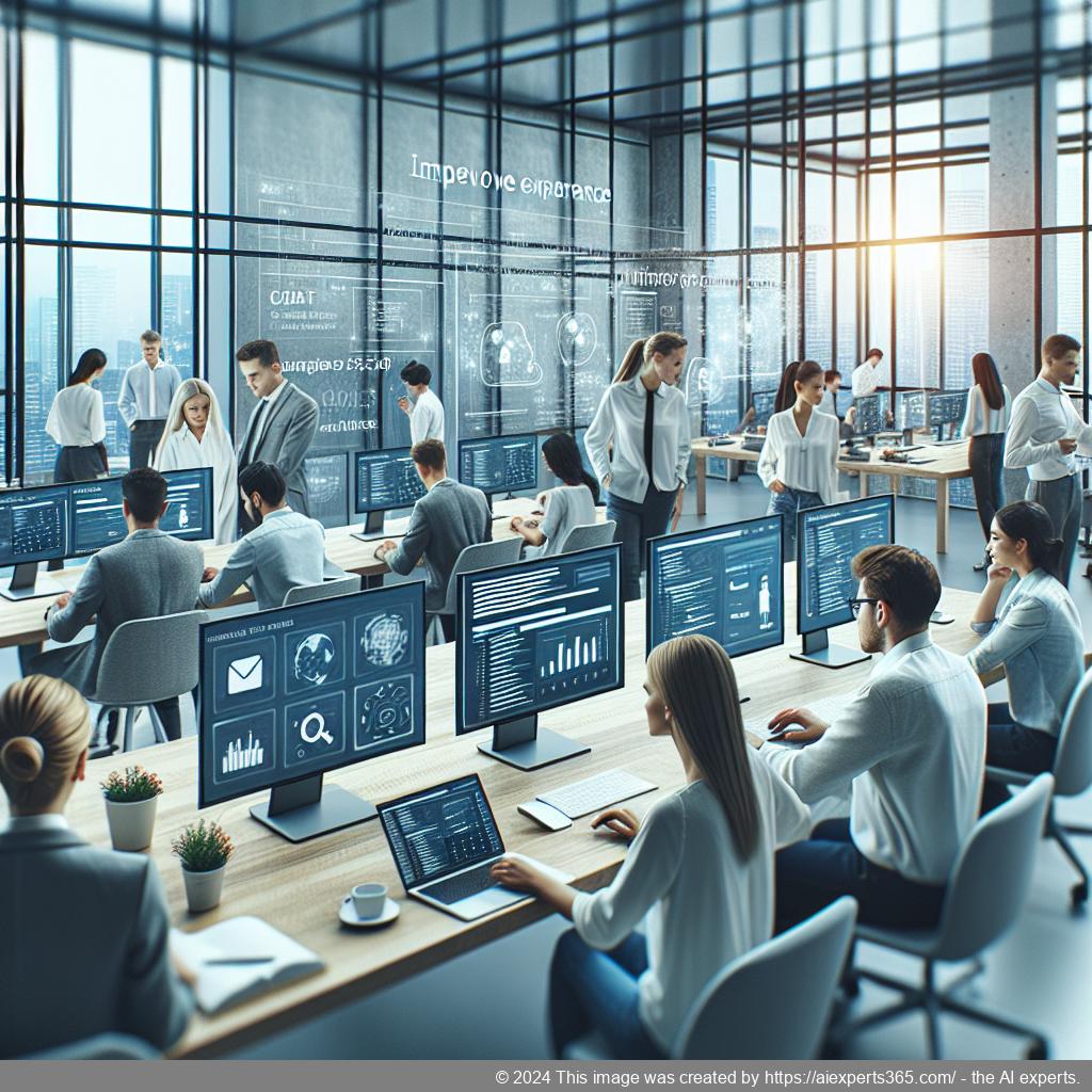 A professional setting showcasing a diverse team collaborating over laptops while discussing strategies for enhancing user experience using a Wordpress Chatbot.