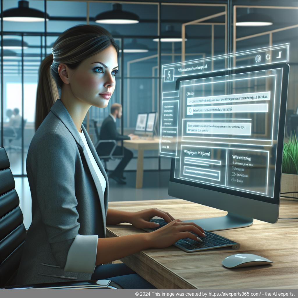 A professional-looking woman interacting with a WordPress chatbot interface on her laptop, showcasing modern customer service solutions.