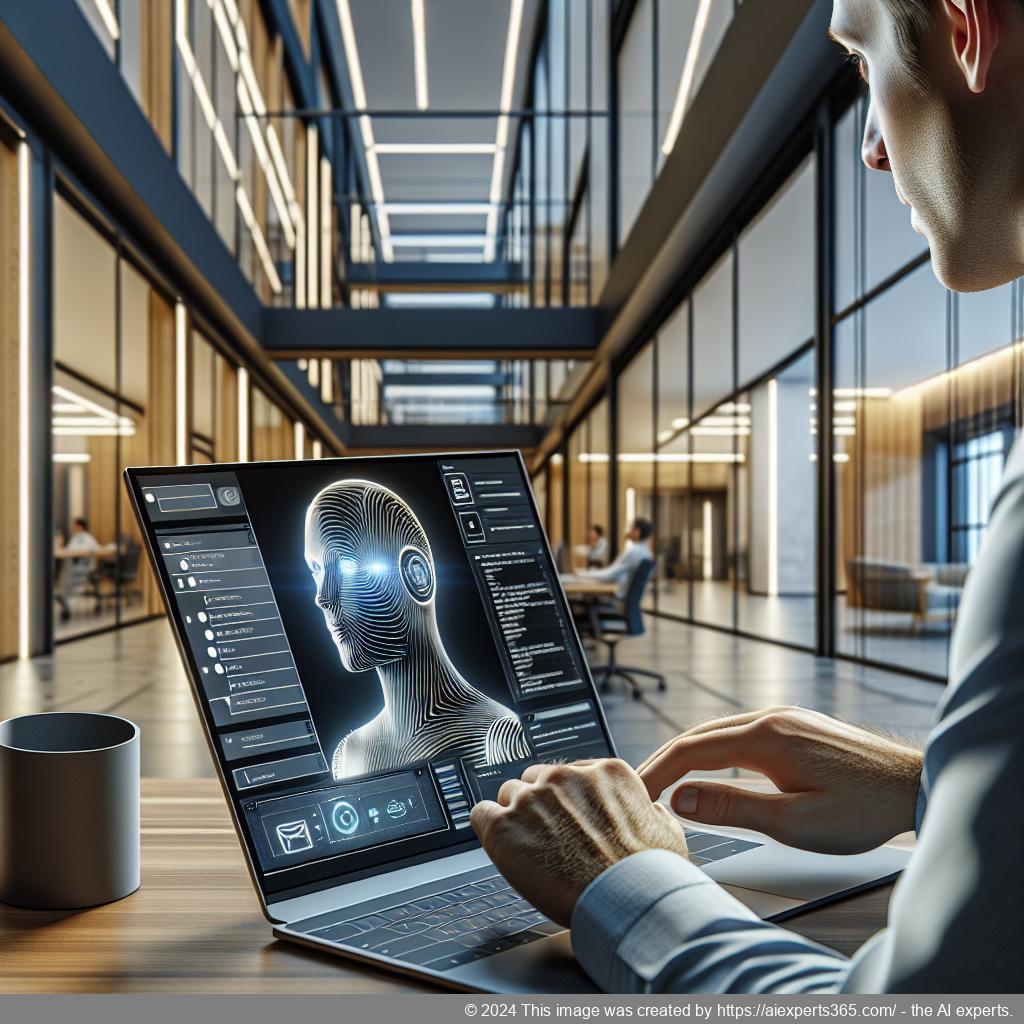 A professional setting showcasing a person interacting with an AI-driven chatbot on a laptop screen within an e-commerce website.