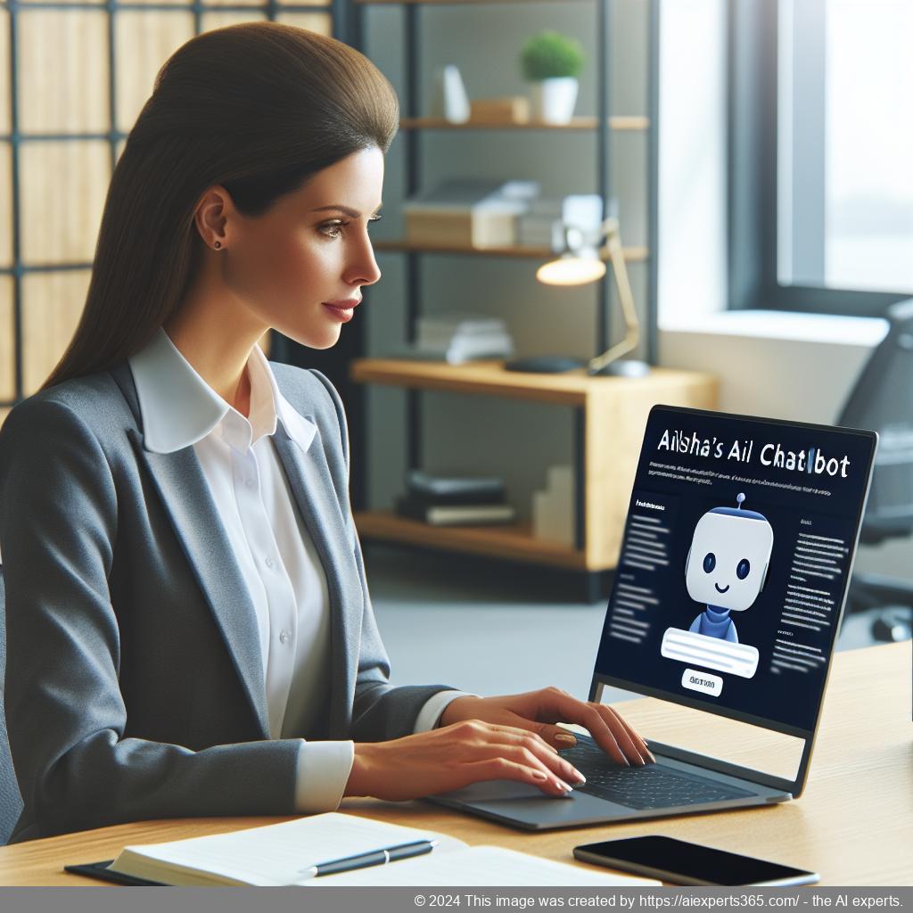 A professional woman interacting with a website chatbot interface showcasing Ailisha's AI capabilities on a laptop screen.