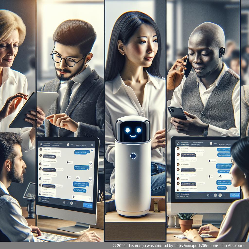 A professional setting showcasing a diverse team using a WordPress ChatGPT chatbot on their devices to enhance customer support services.