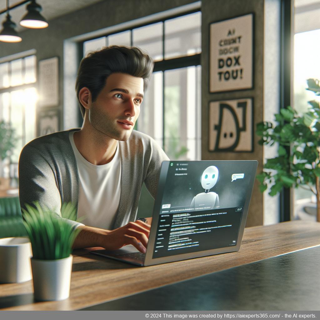 A professional setting showcasing a person interacting with a WordPress ChatGPT chatbot on their laptop, symbolizing enhanced customer engagement through AI technology.